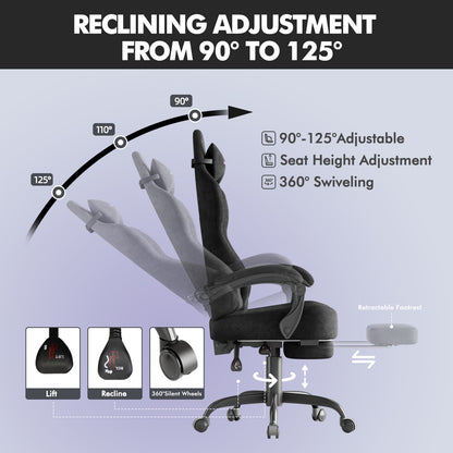 Velvet Fabric Gaming Chair - 20.5″ Wider Seat Cushion, Fire Embroidery, Ergonomic High Back Game Chair with Footrest | Computer Chair with Massage Lumbar Support for Adult, Black 6980062288896
