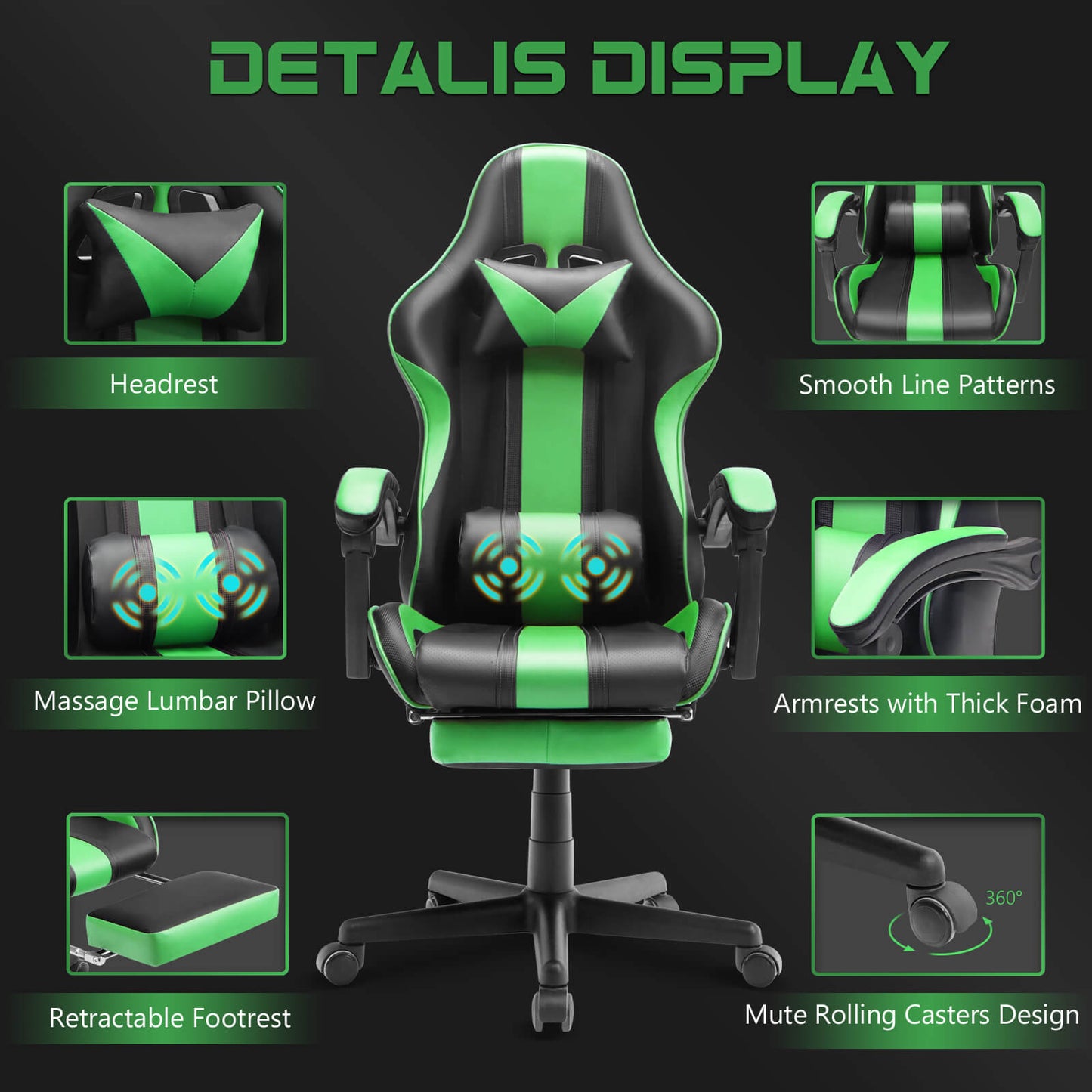 【Only 9 items left】Muses Series Green Gaming Chair with Footrest E-Sports Racing Game Chair