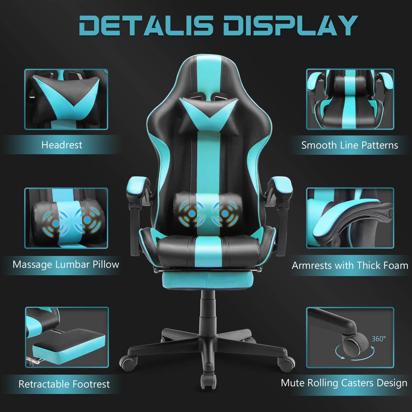 【Only 9 items left】Muses Series Miami Blue Gaming Chair with Footrest E-Sports Racing Game Chair