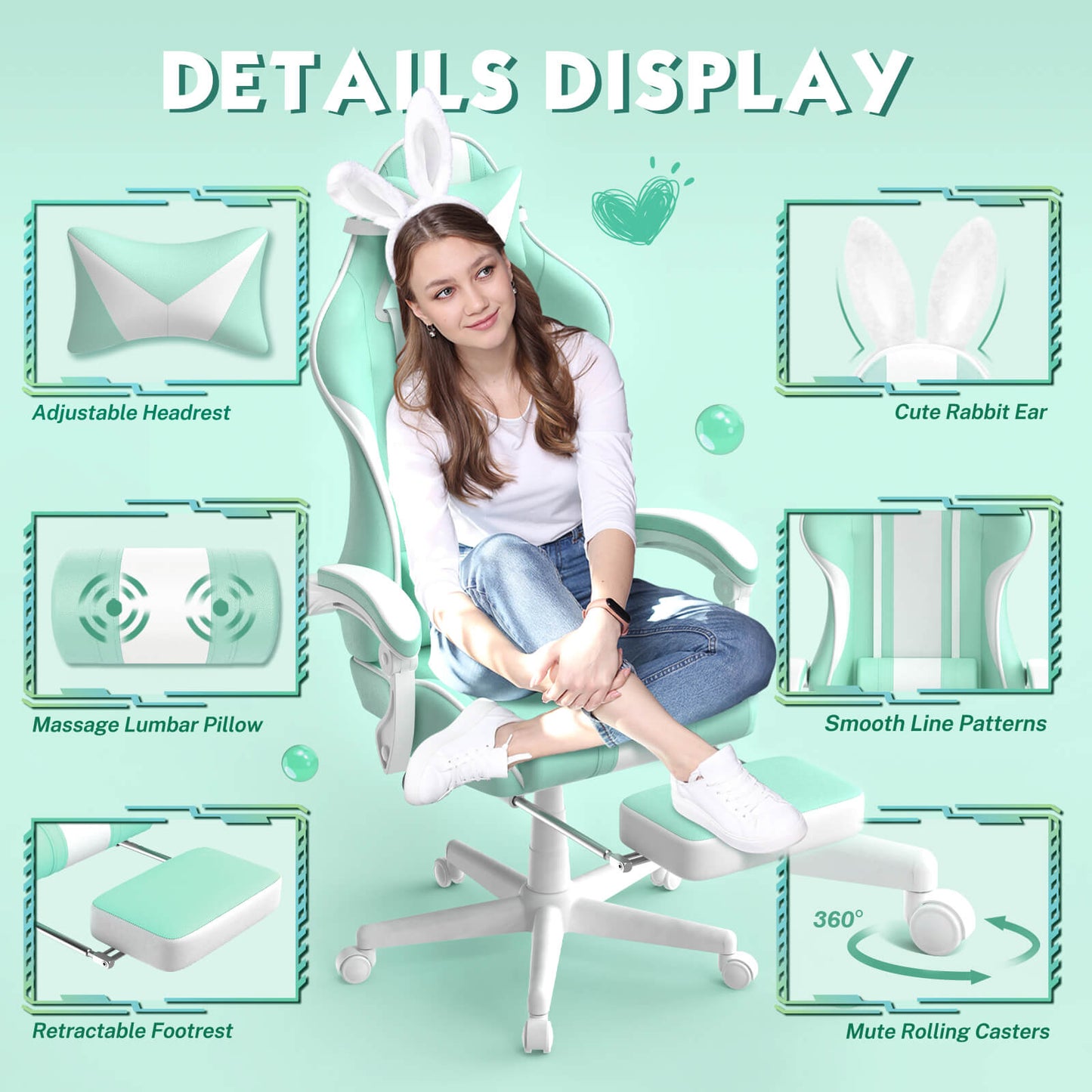 【Kawaii Bunny Design】Ferghana Light Green Gaming Chair With Bunny Ear