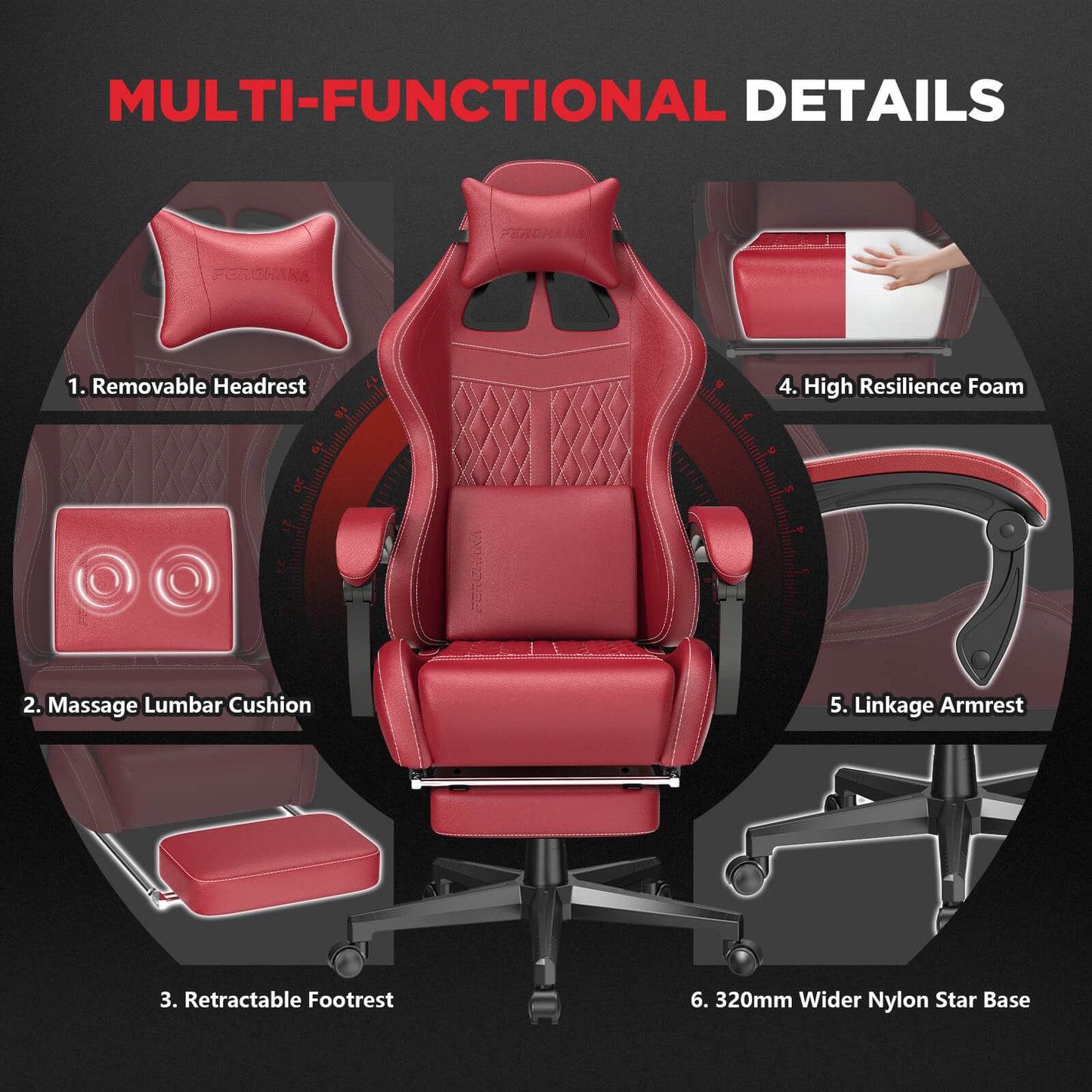 Vintage Series 350Lbs Vintage PU Leather Gaming Chair with Massage Lumbar Support - Red