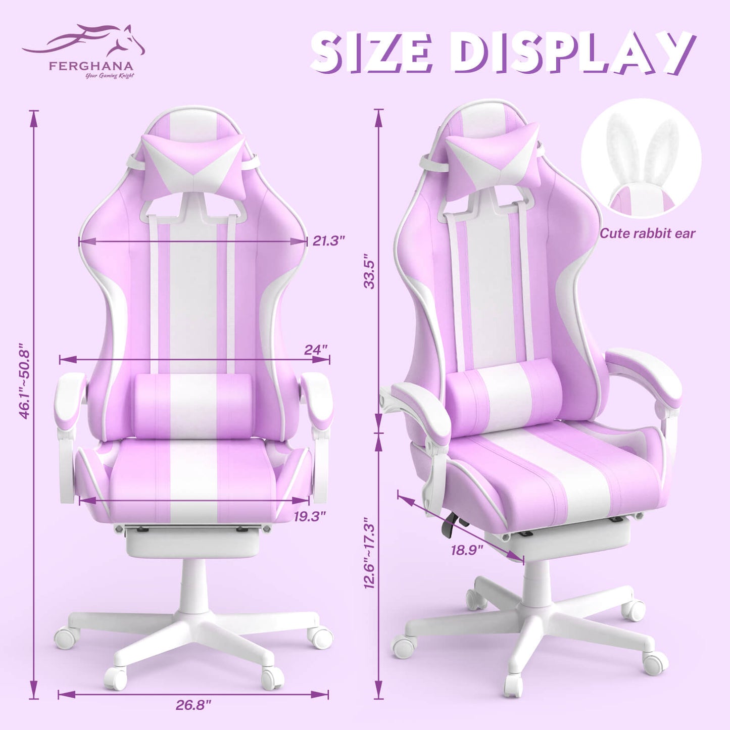 【With Bunny Ear】Ferghana Light Purple Ergonomic Cute Gamer Chair with Footrest