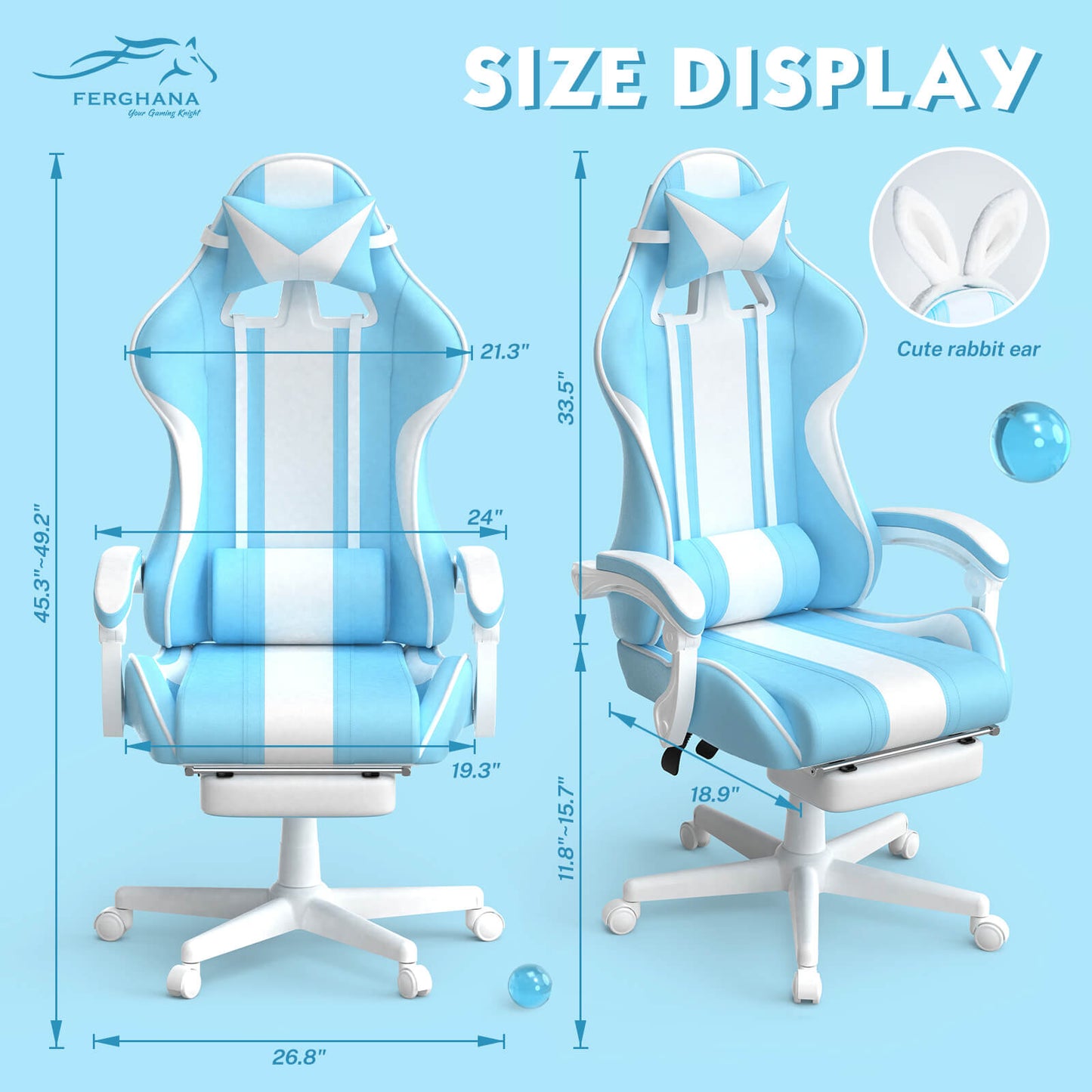 【The Best Christmas Gift】Ferghana Kawaii Light Blue Gaming Chair with Bunny Ears for Girls Adults Teens