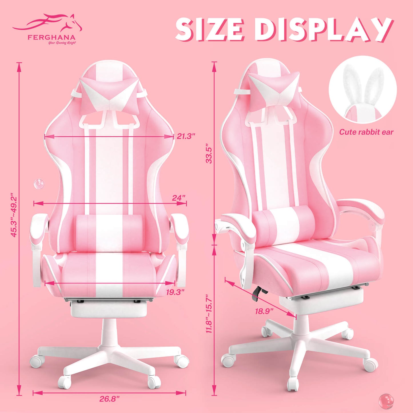 【Best Seller】Ferghana Cute Bunny Pink High Back Ergonomic Gaming Chair