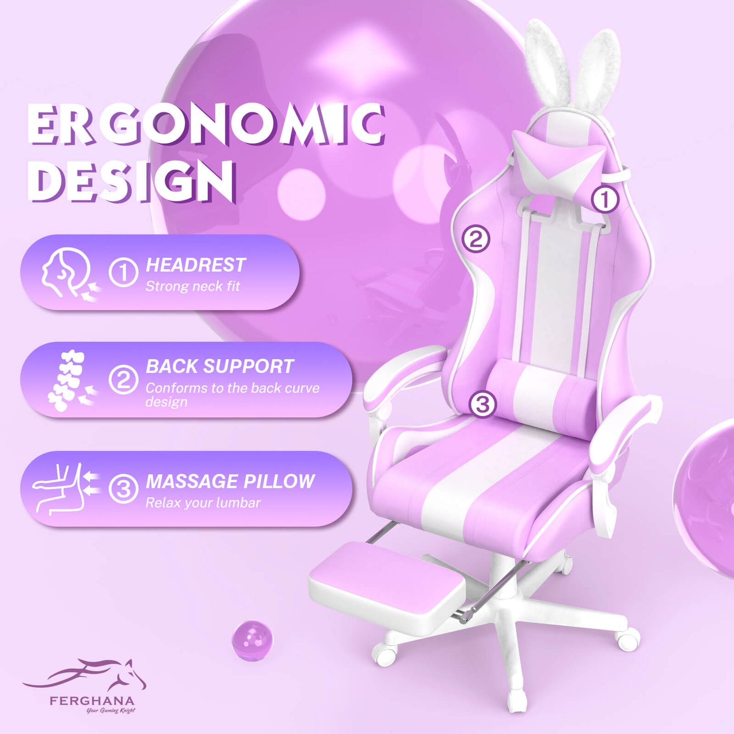 【With Bunny Ear】Ferghana Light Purple Ergonomic Cute Gamer Chair with Footrest