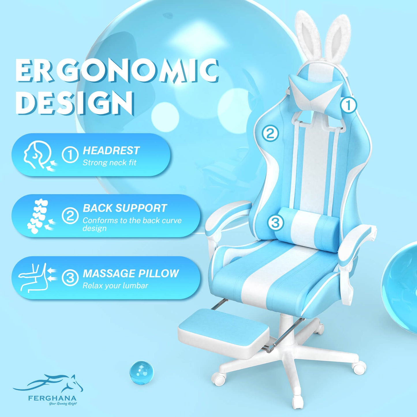 【The Best Christmas Gift】Ferghana Kawaii Light Blue Gaming Chair with Bunny Ears for Girls Adults Teens