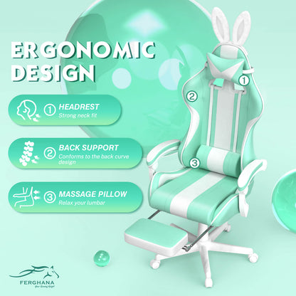 【Kawaii Bunny Design】Ferghana Light Green Gaming Chair With Bunny Ear