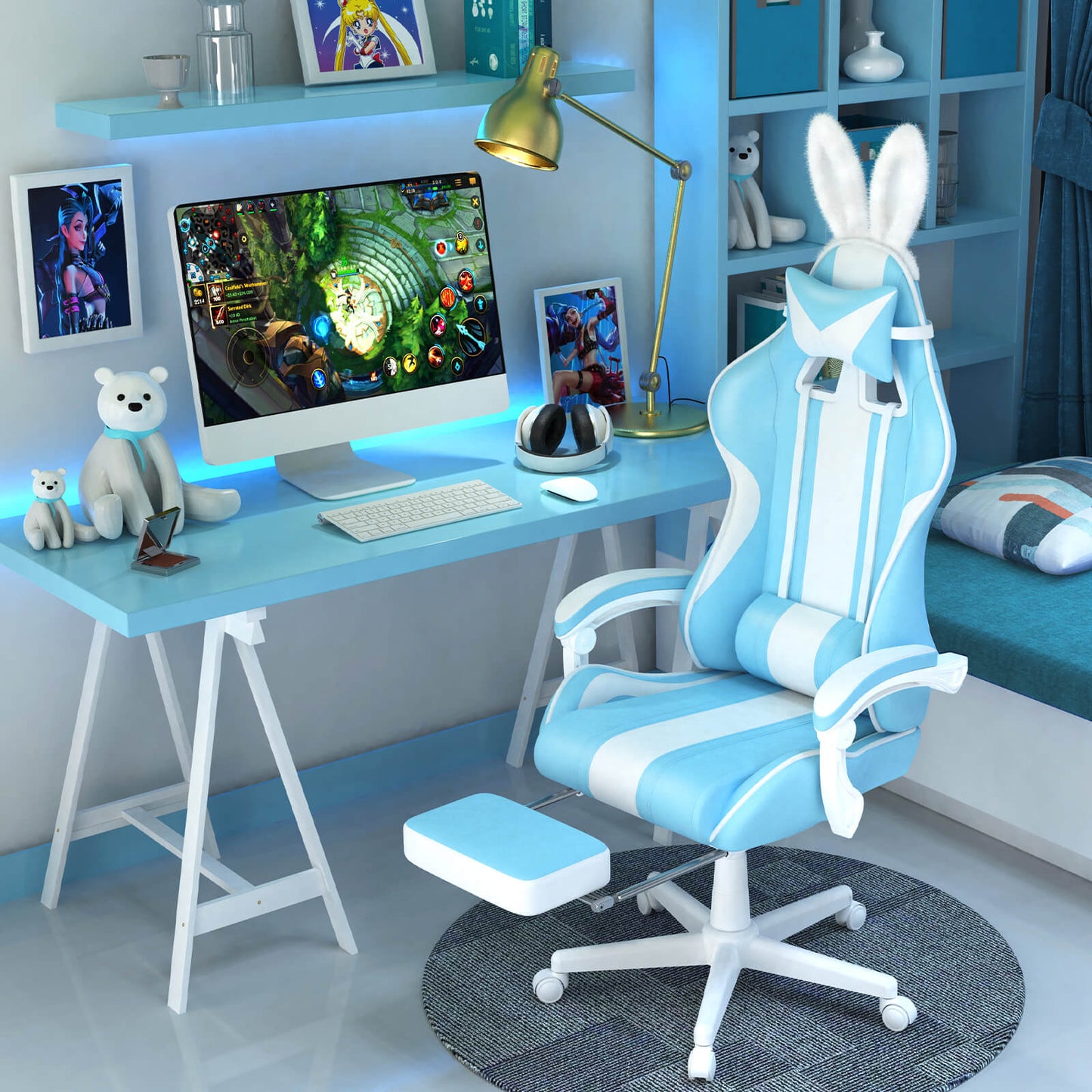 【The Best Christmas Gift】Ferghana Kawaii Light Blue Gaming Chair with Bunny Ears for Girls Adults Teens