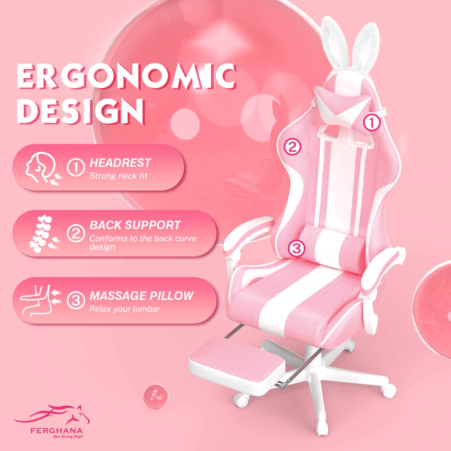 【Best Seller】Ferghana Cute Bunny Pink High Back Ergonomic Gaming Chair