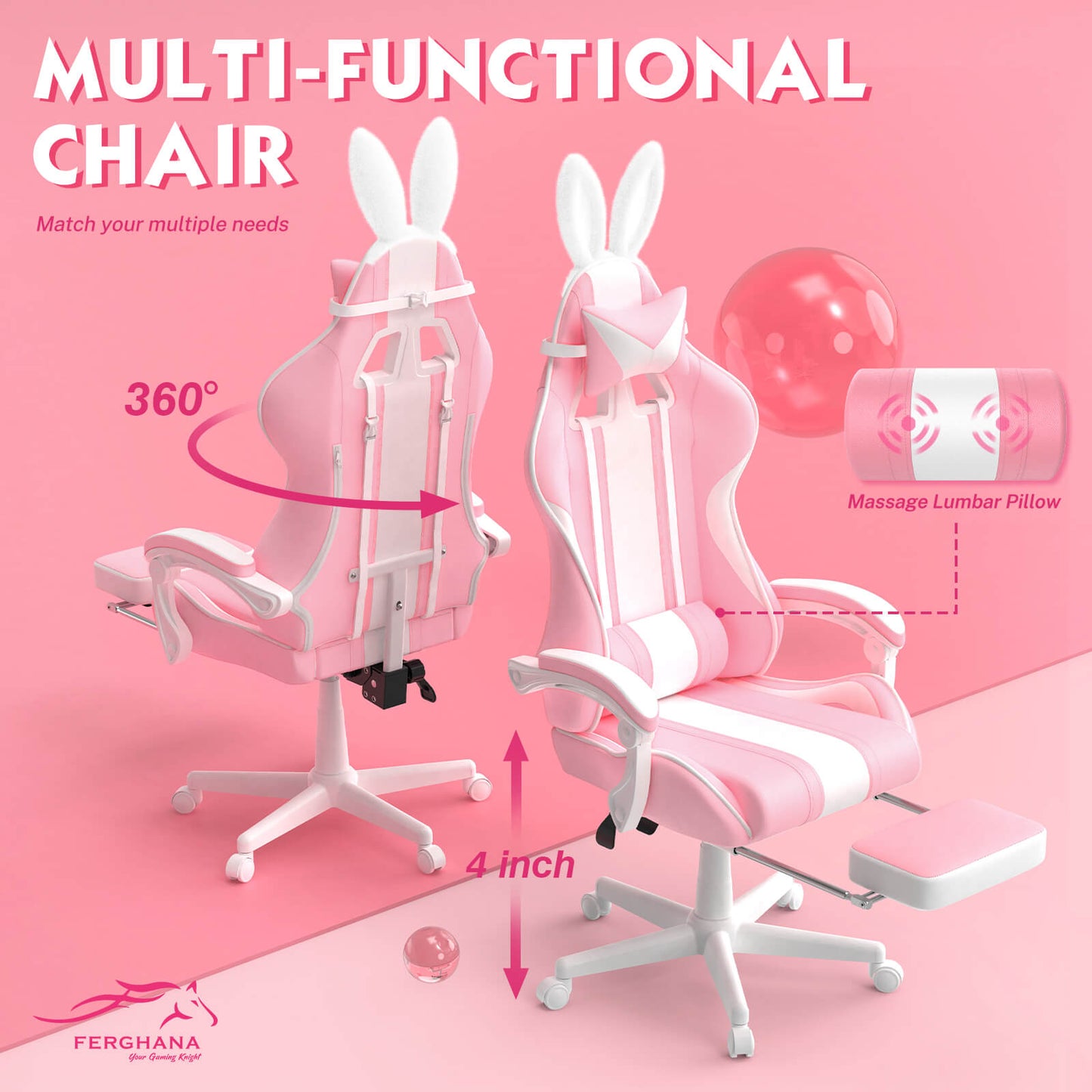 【Best Seller】Ferghana Cute Bunny Pink High Back Ergonomic Gaming Chair