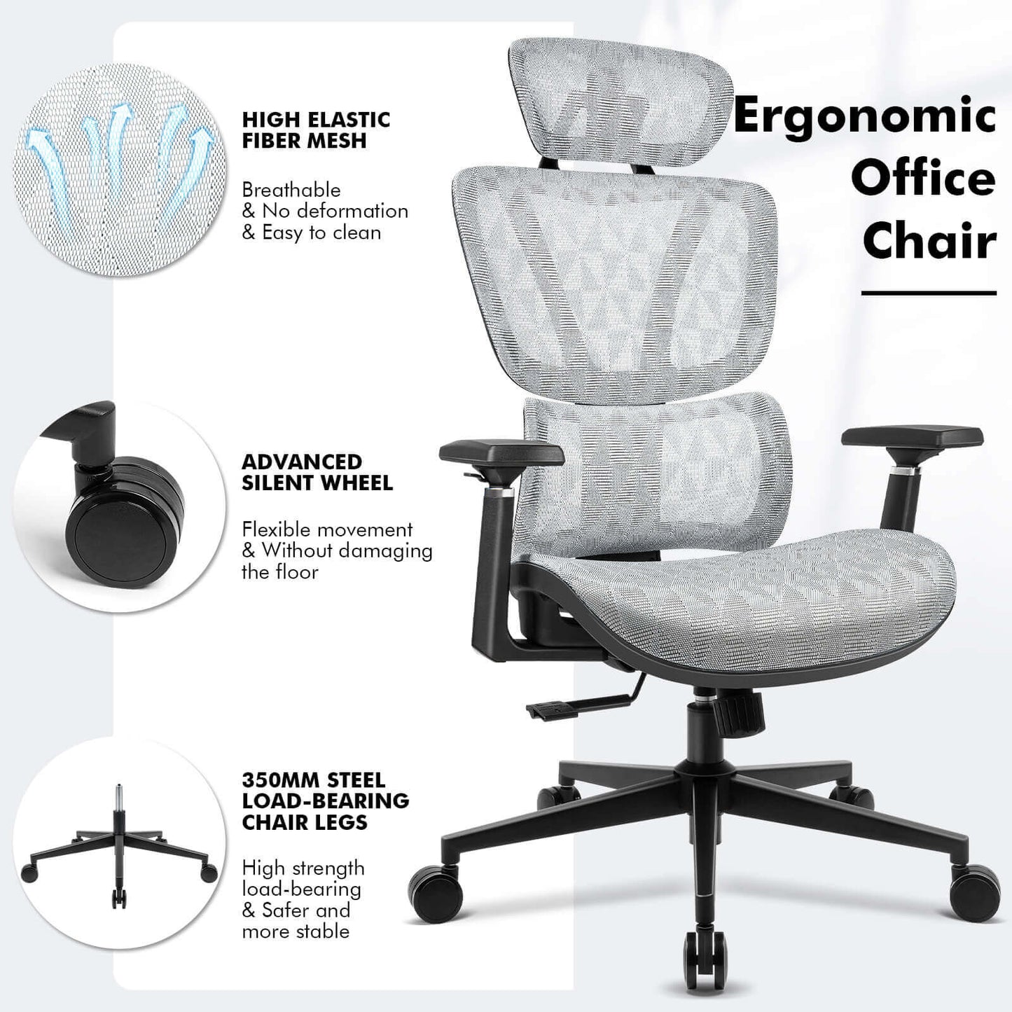 【NEW ARRIVAL】Ferghana Ergonomic Mesh Office Chair High Back Executive Swivel Chair with 400Lbs Weight Capacity(Light Grey)