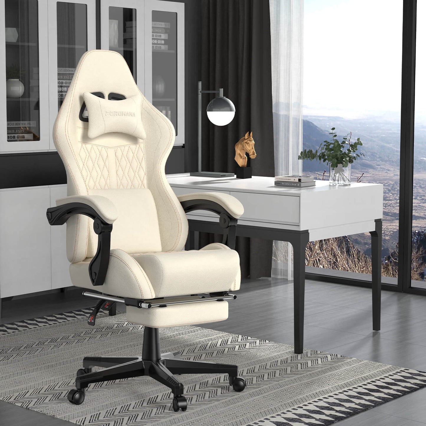 Vintage Series PU Leather Gaming Chair with Footrest High Back Gamer Chair 350LBS - Beige