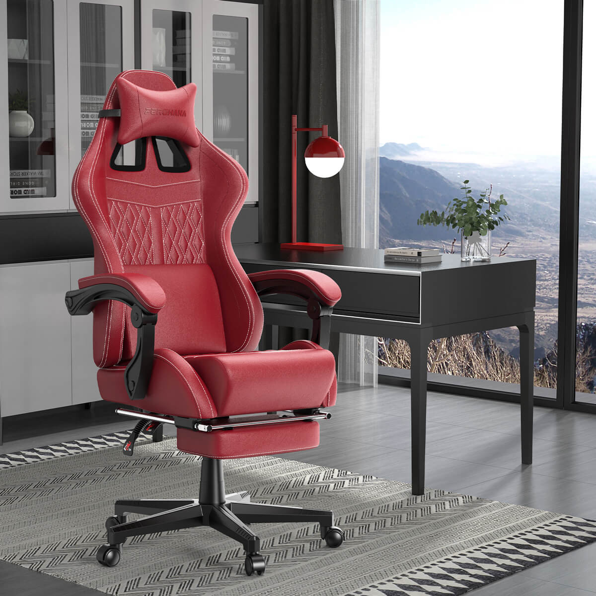 Vintage Series 350Lbs Vintage PU Leather Gaming Chair with Massage Lumbar Support - Red