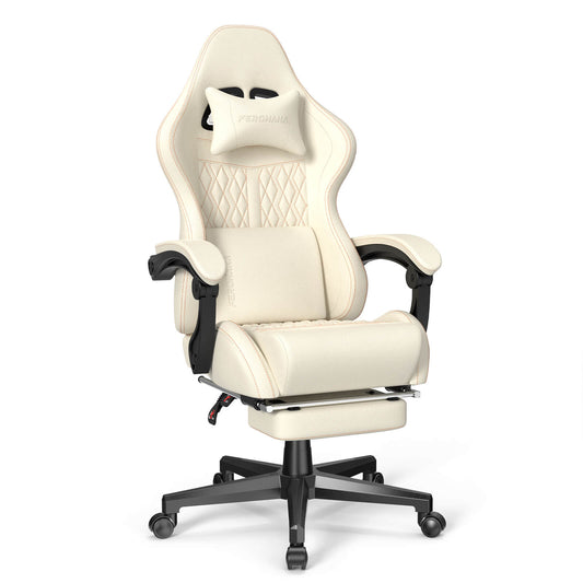 Vintage Series PU Leather Gaming Chair with Footrest High Back Gamer Chair 350LBS - Beige