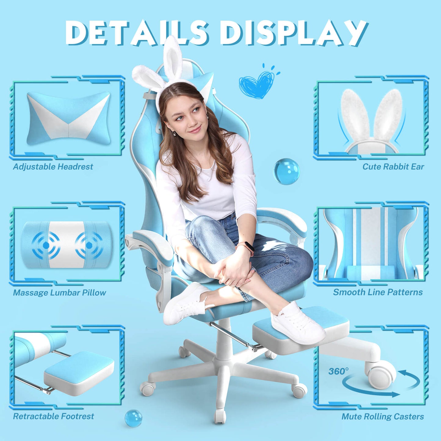 【The Best Christmas Gift】Ferghana Kawaii Light Blue Gaming Chair with Bunny Ears for Girls Adults Teens