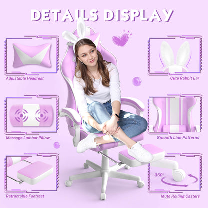 【With Bunny Ear】Ferghana Light Purple Ergonomic Cute Gamer Chair with Footrest