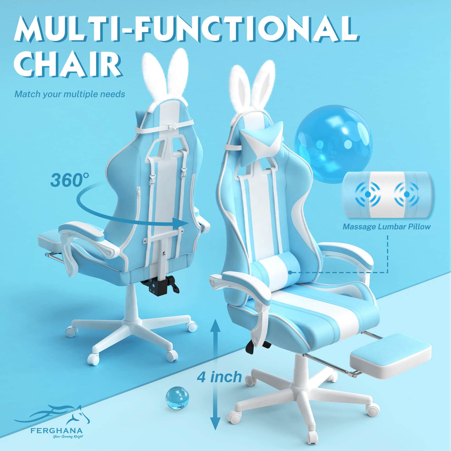 【The Best Christmas Gift】Ferghana Kawaii Light Blue Gaming Chair with Bunny Ears for Girls Adults Teens