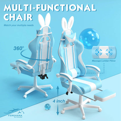 【The Best Christmas Gift】Ferghana Kawaii Light Blue Gaming Chair with Bunny Ears for Girls Adults Teens