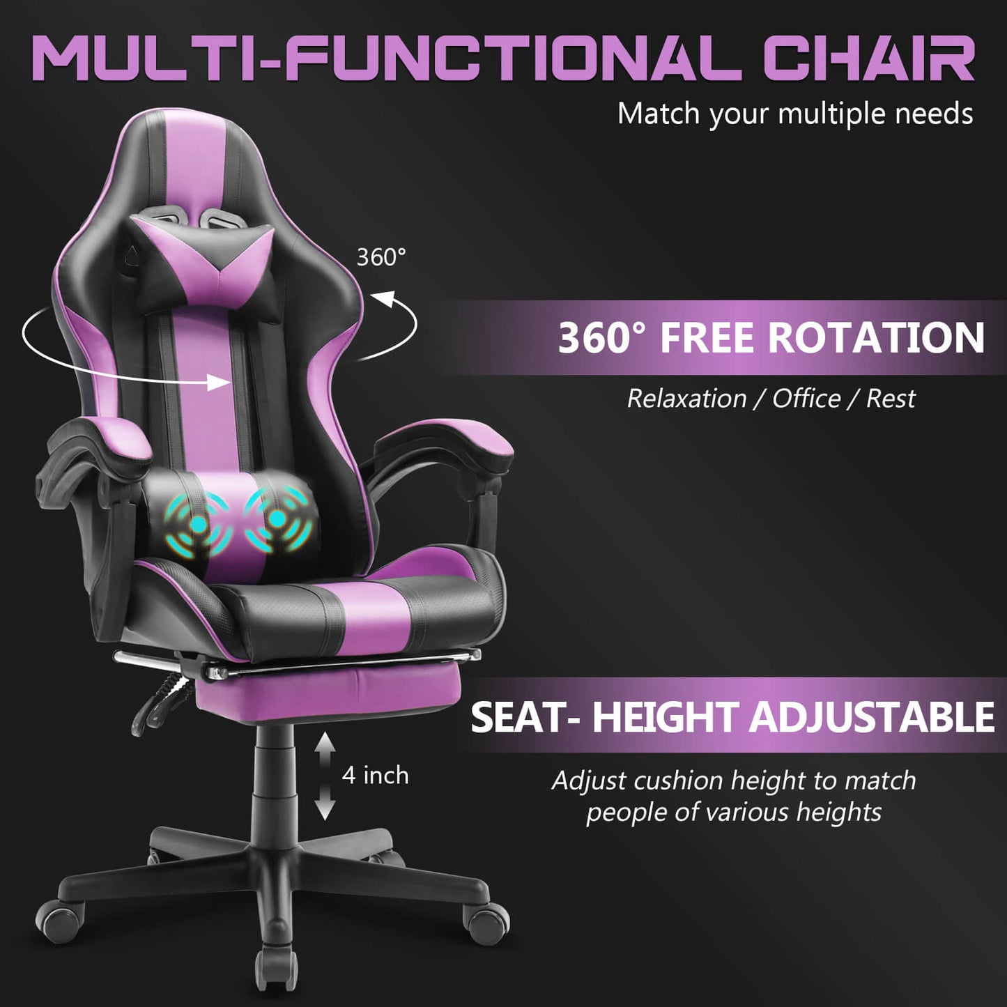 【Only 9 items left】Muses Series Purple Gaming Chairs with Footrest E-Sports Racing Game Chair