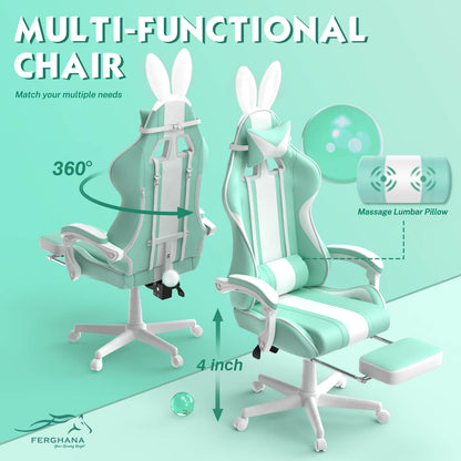 【Kawaii Bunny Design】Ferghana Light Green Gaming Chair With Bunny Ear