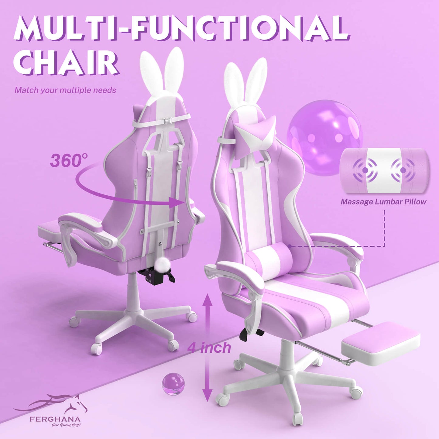 【With Bunny Ear】Ferghana Light Purple Ergonomic Cute Gamer Chair with Footrest