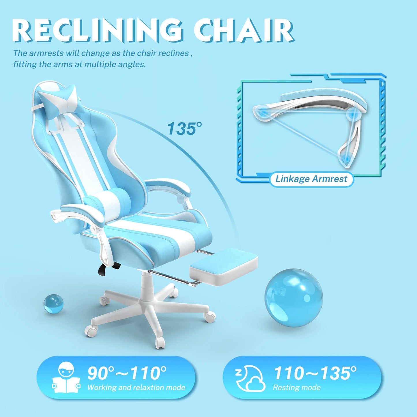 【The Best Christmas Gift】Ferghana Kawaii Light Blue Gaming Chair with Bunny Ears for Girls Adults Teens