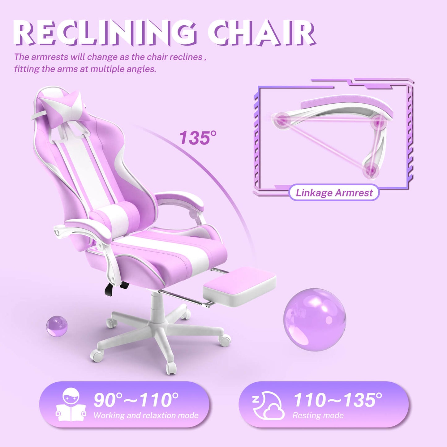 【With Bunny Ear】Ferghana Light Purple Ergonomic Cute Gamer Chair with Footrest