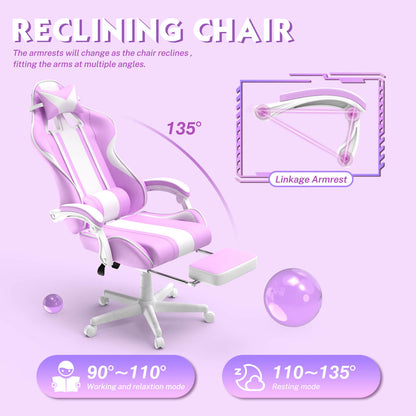 【With Bunny Ear】Ferghana Light Purple Ergonomic Cute Gamer Chair with Footrest