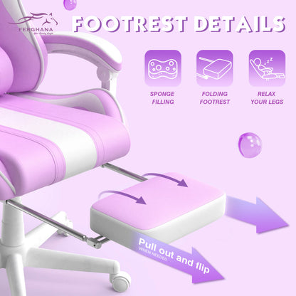 【With Bunny Ear】Ferghana Light Purple Ergonomic Cute Gamer Chair with Footrest