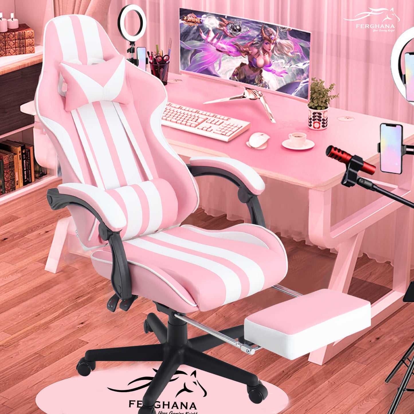 Ferghana Shelby Series Pink Computer Gaming Chair with Footrest