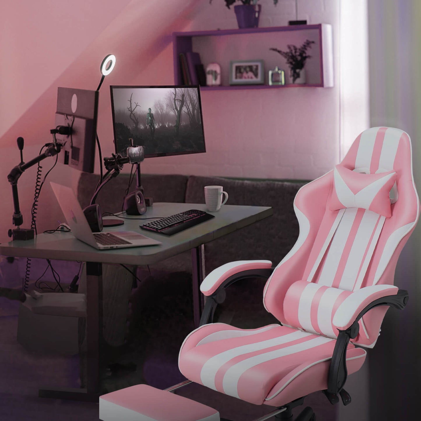 Ferghana Shelby Series Pink Computer Gaming Chair with Footrest