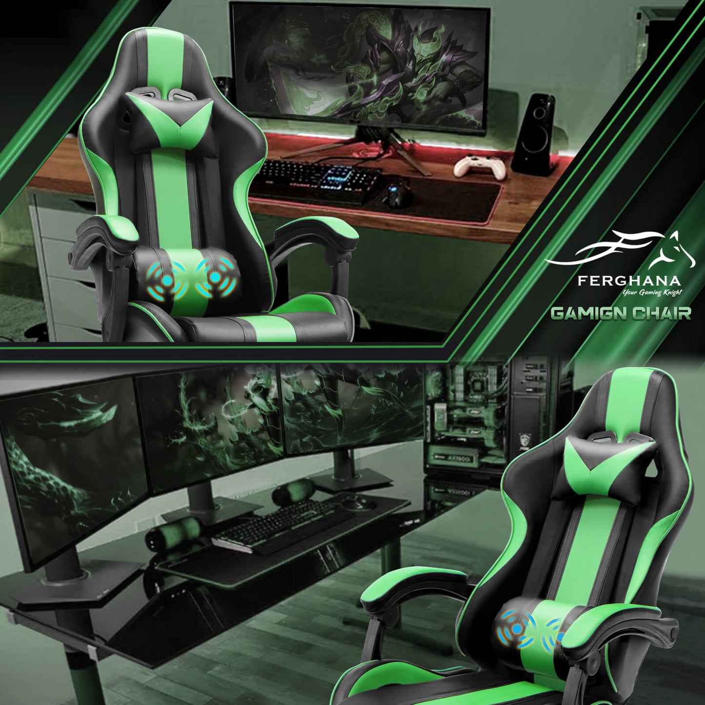 【Only 9 items left】Muses Series Green Gaming Chair with Footrest E-Sports Racing Game Chair