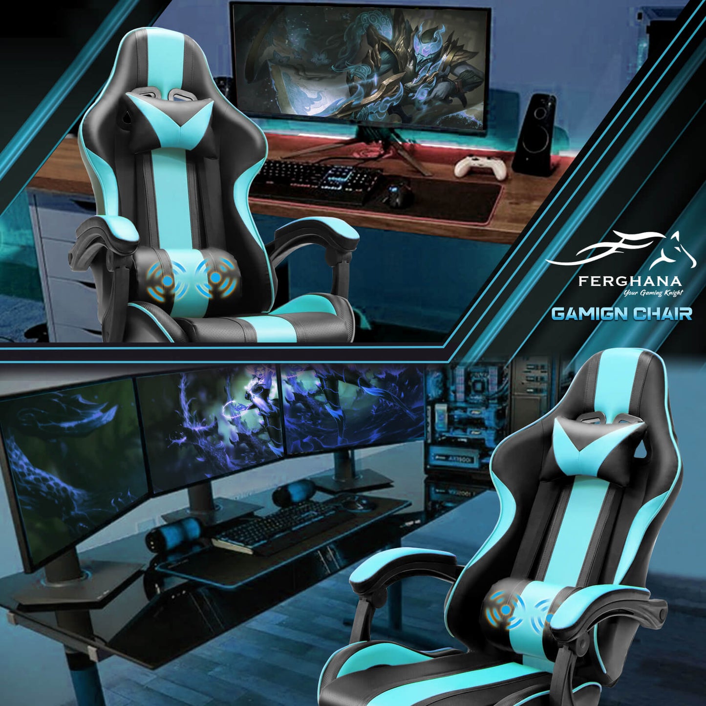 【Only 9 items left】Muses Series Miami Blue Gaming Chair with Footrest E-Sports Racing Game Chair